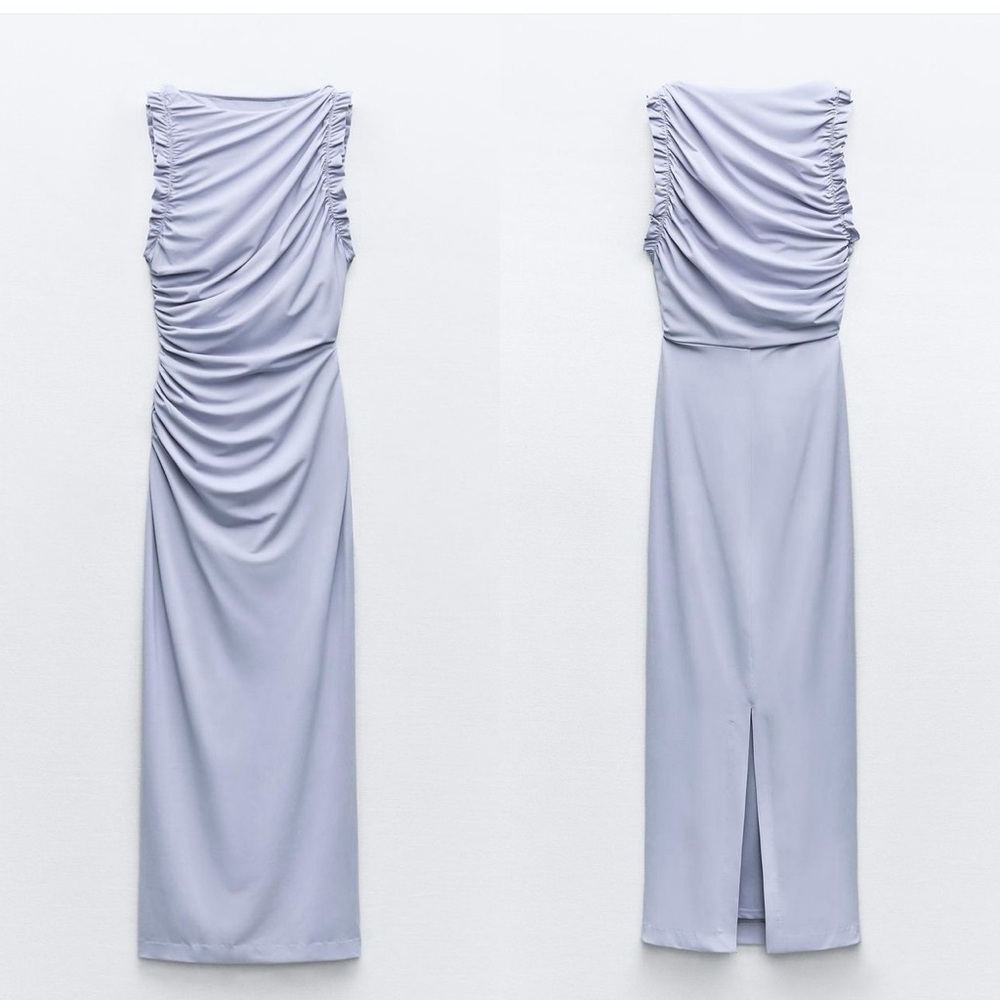 Zara Light Lavender Ruched Sleeveless Midi Dress